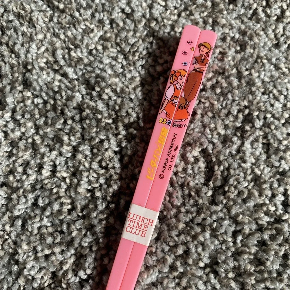 Vintage Kids Pink Chopsticks NIPPON ANIMATION Co Ltd 1989 Boy & Girl Painted‎ On